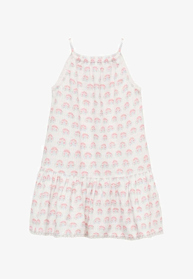 Rochie ușoară, fără mâneci, din material alb cu imprimeu de umbrele roz și albastre. Prezintă detalii pliate și un tiv volanat.