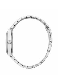 Orologio in acciaio inox argento con cassa rettangolare, lunetta liscia e design del bracciale a maglie con piccoli connettori e fori di regolazione.