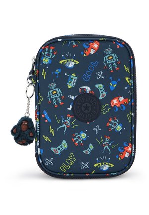 Custodia con zip di colore navy che presenta fantasie vivaci di robot, spazio e veicoli; include un ciondolo di gorilla peloso e un accento con logo circolare.