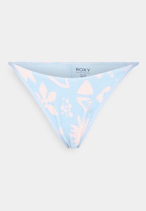 Bikini spodní díl Roxy v modré barvě s texturovanou tkaninou a růžovými květinovými vzory. Design zahrnuje odvážný střih a elastický pás.