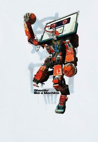 Robotická postava, která dribluje basketbal, vyrobená z červených a kovových materiálů, s hlavou ve tvaru obrazovky a podrobnýma končetinama. Text níže.