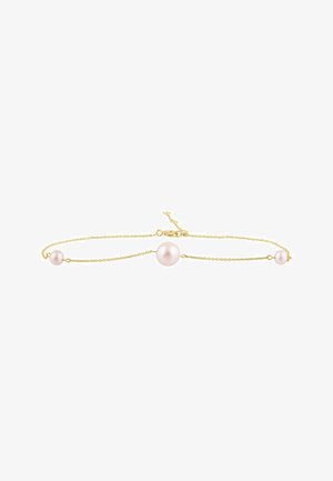 Pulsera de tono dorado con dos perlas rosas en una cadena delicada con cierre de langosta. Se ajusta para un mejor ajuste con una pequeña cadena de extensión.