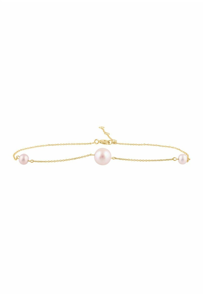 Pulsera de tono dorado con dos perlas rosas en una cadena delicada con cierre de langosta. Se ajusta para un mejor ajuste con una pequeña cadena de extensión.