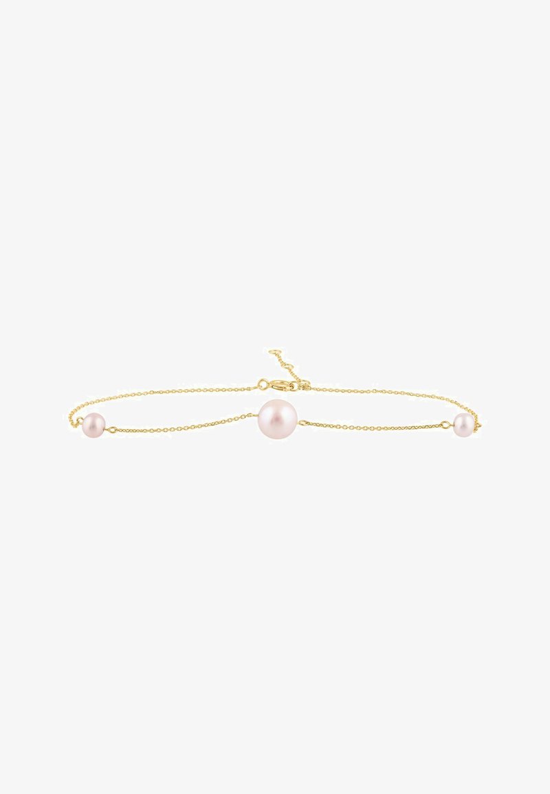 Pulsera de tono dorado con dos perlas rosas en una cadena delicada con cierre de langosta. Se ajusta para un mejor ajuste con una pequeña cadena de extensión.