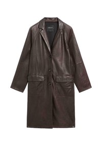 Donkerbruine leren jas met een gekarteld kraag, sluiting met knopen aan de voorkant en twee grote opgestikte zakken aan de voorkant. Golfachtige textuur, losse pasvorm.