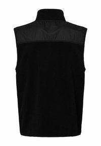 Zwarte fleece vest met een hoge kraag, voorzien van een gladde, contrasterende stoffen paneel over de bovenrug en zonder mouwen.