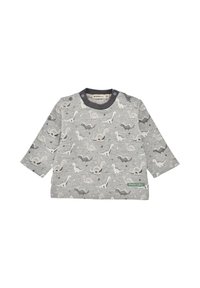 Grau langärmliges Shirt mit einem Dinosaurier-Muster in verschiedenen Farben. Druckknöpfe an der Schulter für einfaches An- und Ausziehen. Aus Baumwolle gefertigt.
