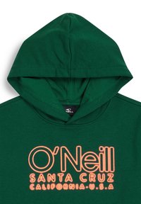 Mørkegrønn hettegenser med oransje O'Neill-logo og teksten "Santa Cruz California U.S.A" på brystet.