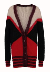 Stickad kofta med svart, röd och beige färg, V-ringning, strukturerad textil, och kontrasterande randiga ärmslut med åtta knappar.