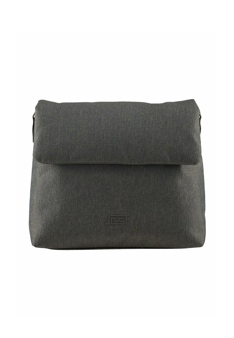 Grau Messenger-Bag mit einer strukturierten Stoffaußenseite, umklappbarem Deckel und geprägt aufgesticktem Logo. Verfügt über einen Reißverschlussverschluss und dezente Nähte.