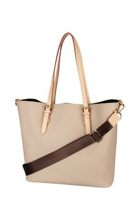 Beige lederen tote bag met dubbele handgrepen bovenaan en een bruine verstelbare schouderriem. Beschikt over gouden hardware en een gladde, gestructureerde afwerking.