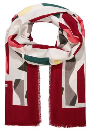 Écharpe avec motif géométrique abstrait dans des tons rouge, beige, gris, vert, jaune et rose, avec des bords frangés.