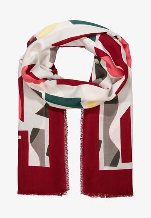 Écharpe avec motif géométrique abstrait dans des tons rouge, beige, gris, vert, jaune et rose, avec des bords frangés.