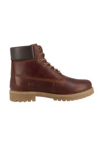 Brun læderstøvle med rund tå og brun ankelkrave. Har beige snørebånd, gummisål med skridsikre mønstre og minimale syninger.