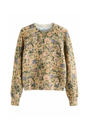 Pull en maille à manches longues avec des poignets et un ourlet côtelés, présentant un motif floral vert, pêche et lavande sur un fond beige.