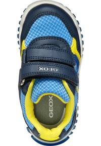 Baskets en maille bleue avec des accents en cuir bleu marine, des détails jaunes et deux sangles ajustables. Semelle texturée pour l'adhérence. Logo Geox visible.