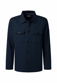 Marineblauwe jas van textuurstof, met een knoopsluiting, twee borstzakken en een kraagontwerp.