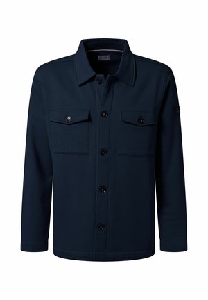 Navy blue jacket made of textured fabric, featuring a button-up front, two chest pockets, and a collared design.