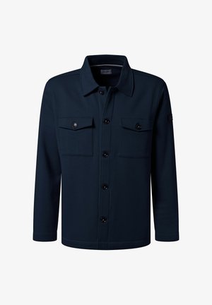 Marineblaue Jacke aus strukturiertem Stoff, mit durchgehender Knopfleiste, zwei Brusttaschen und einem Kragen-Design.