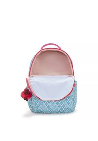 Zaino blu e rosa con un'esterno decorato, chiusura con zip e un portachiavi a forma di scimmietta in peluche sul lato; interno spazioso con una fodera morbida.