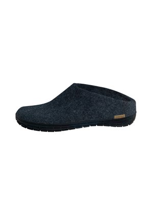 Mørkegrå filt slip-on træsko med en sort gummisål og lille brun label på siden.