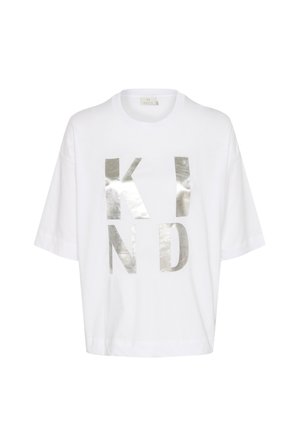 White short-sleeve T-shirt made of cotton with metallic silver letters spelling "KIND" in a bold, block font. Square shape with a relaxed fit.