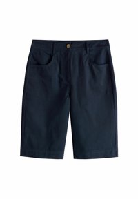 Shorts bleu marine en tissu mélangé de coton, dotés de poches avant, d'une fermeture à bouton et d'une coupe droite. Texture lisse et longueur jusqu'aux genoux.