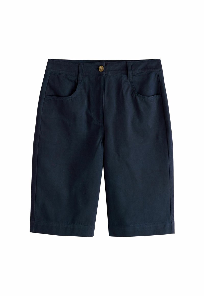 Shorts bleu marine en tissu mélangé de coton, dotés de poches avant, d'une fermeture à bouton et d'une coupe droite. Texture lisse et longueur jusqu'aux genoux.