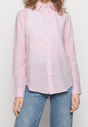 Rutig skjorta i rosa och blått med knappar, krage, långa ärmar och avslappnad passform. Tyget verkar vara tunt med tydlig struktur.