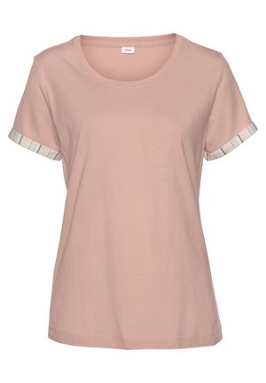 Rosa Damen-T-Shirt mit kurzen Ärmeln, Rundhalsausschnitt und gestreiften Manschettendetails an den Ärmeln vor weißem Hintergrund.