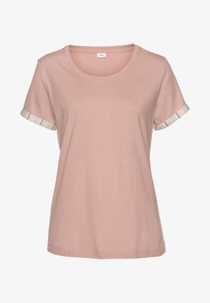 Lyserød dame T-shirt med korte ærmer, rund hals og stribede kantdetaljer på ærmerne mod hvid baggrund.