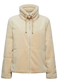 Veste polaire beige en peluche avec col montant, fermeture éclair devant et cordons, conçue pour la chaleur et l'hiver.
