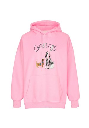 Pink hættetrøje med to broderede hunde, en brun og en iført en sort og hvid stribet sweater, med ordet "Cute Dogs" over dem.