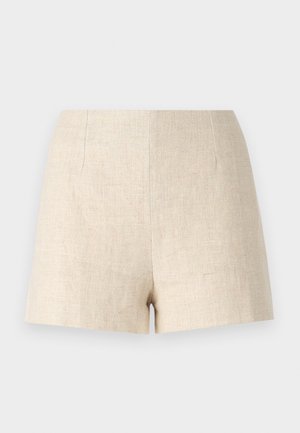 Beige Leinen-Shorts mit hoher Taille, glatter Textur, zwei vorderen Falten und geradem Schnitt, minimalistisches Design ohne Taschen.
