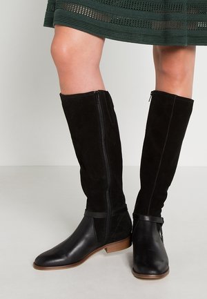 Sorte knæhøje støvler med sidesyninger og lave træhæle, båret sammen med et mørkegrønt, strikket skørt.