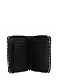 Zwarte leren portemonnee met een ritssluiting. Het interieur heeft kaartslots, een muntvak en een gladde textuur. Subtiele branding is zichtbaar.