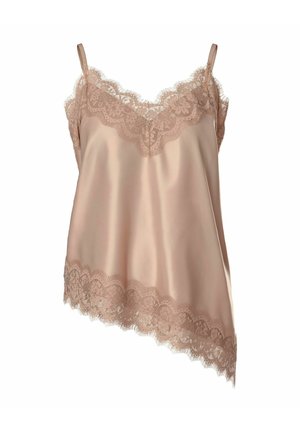 Caraco en satin beige avec bordure en dentelle le long du décolleté en V, de l'ourlet et des bretelles réglables, avec un ourlet asymétrique.