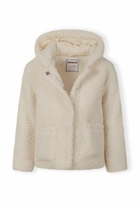 Kreminės spalvos, su gobtuvu, striukė, pagaminta iš minkštos, tekstūrinės fliso medžiagos, su dviem priekinėmis kišenėmis ir spaudžių uždarymu. Pamušalas viduje yra iš lygaus audinio.