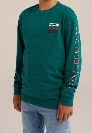 Person trägt einen türkisfarbenen Langarm-Sweatshirt mit dem Aufdruck "BLUE RIDGE DENIM" auf dem rechten Ärmel und einem Logo auf der linken Brust.