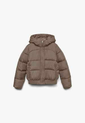 Veste matelassée marron avec capuche, dotée d'une fermeture éclair à l'avant, de deux poches latérales et de poignets côtelés. Tissu lisse avec une finition légèrement brillante.