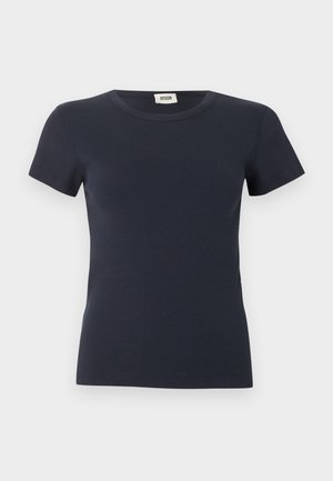 T-shirt bleu marine à manches courtes en maille côtelée avec col rond et étiquette Drykorn à l'intérieur du col arrière.