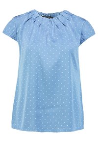 Light blue short-sleeve blouse with white polka dots, gathered neckline, and elasticized sleeve hems.