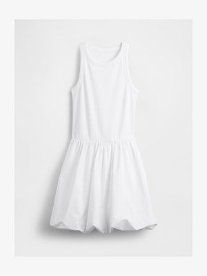 Sleeveless white dress with ribbed knit bodice, round neckline, and gathered bubble skirt hanging against white background.