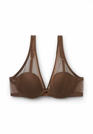 Brown mesh underwire bra with padded cups and adjustable straps, designed for support and lightweight comfort.