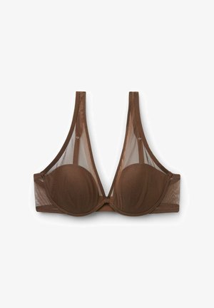 Brown mesh underwire bra with padded cups and adjustable straps, designed for support and lightweight comfort.