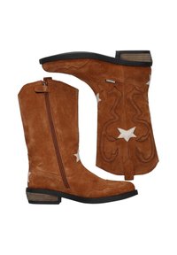 Bruine suède cowboylaarzen met een taps toelopende neus, contrasterende stiksels, witte steraccenten en een zijrits voor gemakkelijke aan- en uittrekking. Platte rubberen zool.
