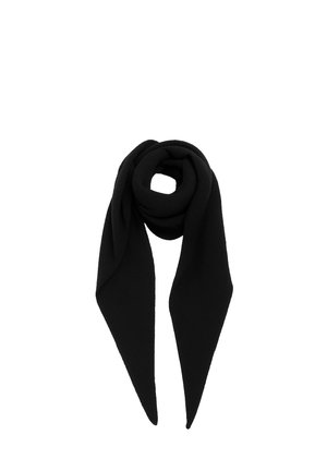 Schwarzer gestrickter Schal mit zwei langen spitzen Enden, oben zu einer kreisförmigen Form gefaltet und geschlungen.