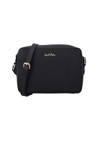 Bolso cruzado rectangular negro con correa ajustable, hebilla dorada y el logo "Gusti Leder" grabado en el centro frontal.