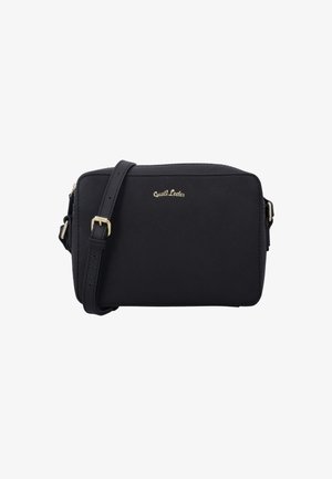 Črn pravokotni crossbody nahrbtnik z nastavljivim trakom, zlatim zaponko in vtisnjenim logotipom "Gusti Leder" na sprednji strani.
