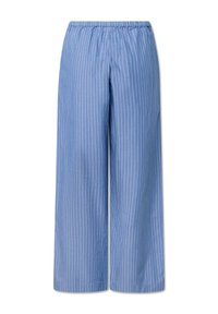 Lichtblauwe wijde broek met witte verticale strepen, voorzien van een elastische tailleband voor comfort en een gladde, gestructureerde stof.